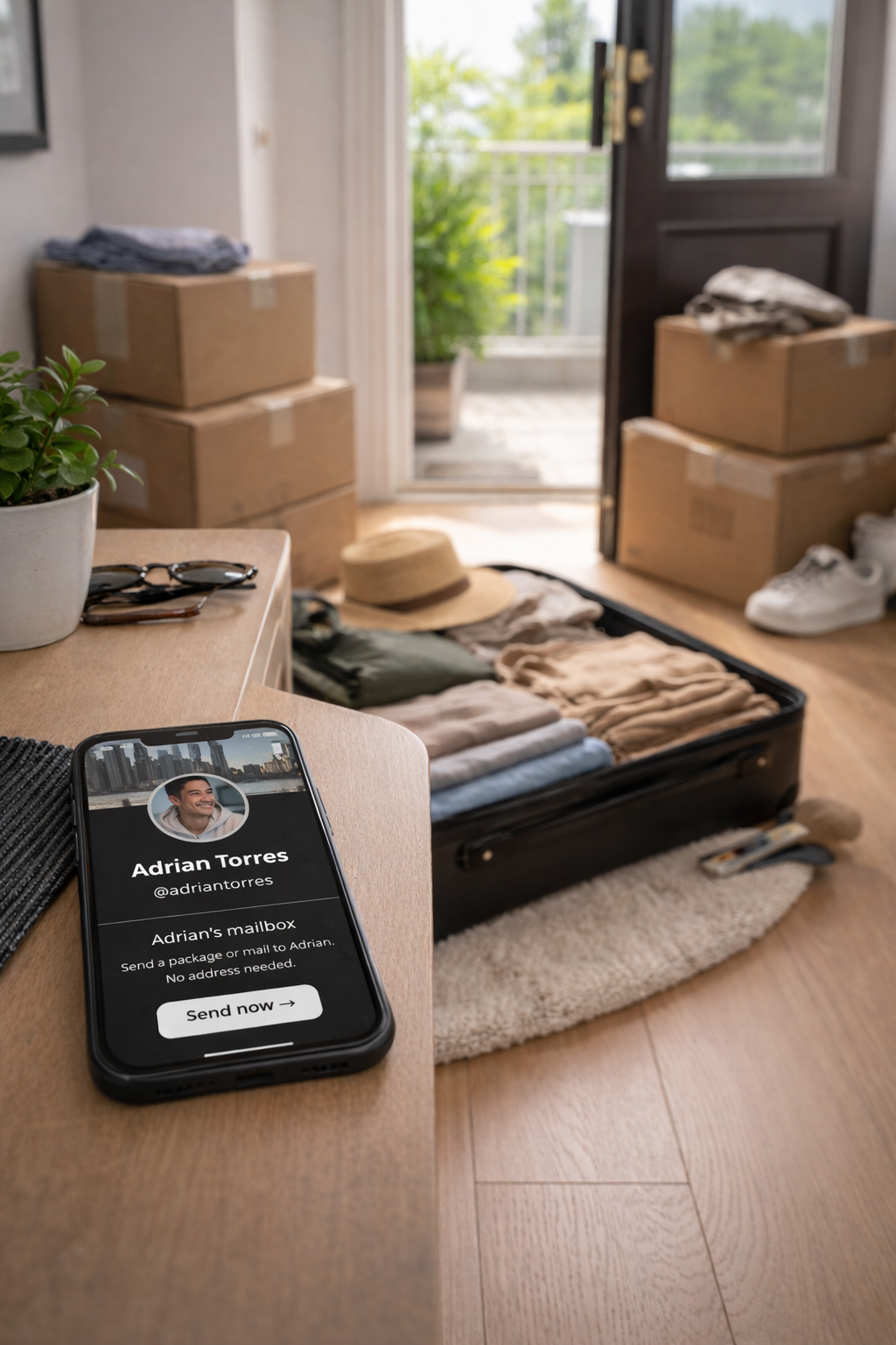 Sendit profile on phone — address always up to date when you move