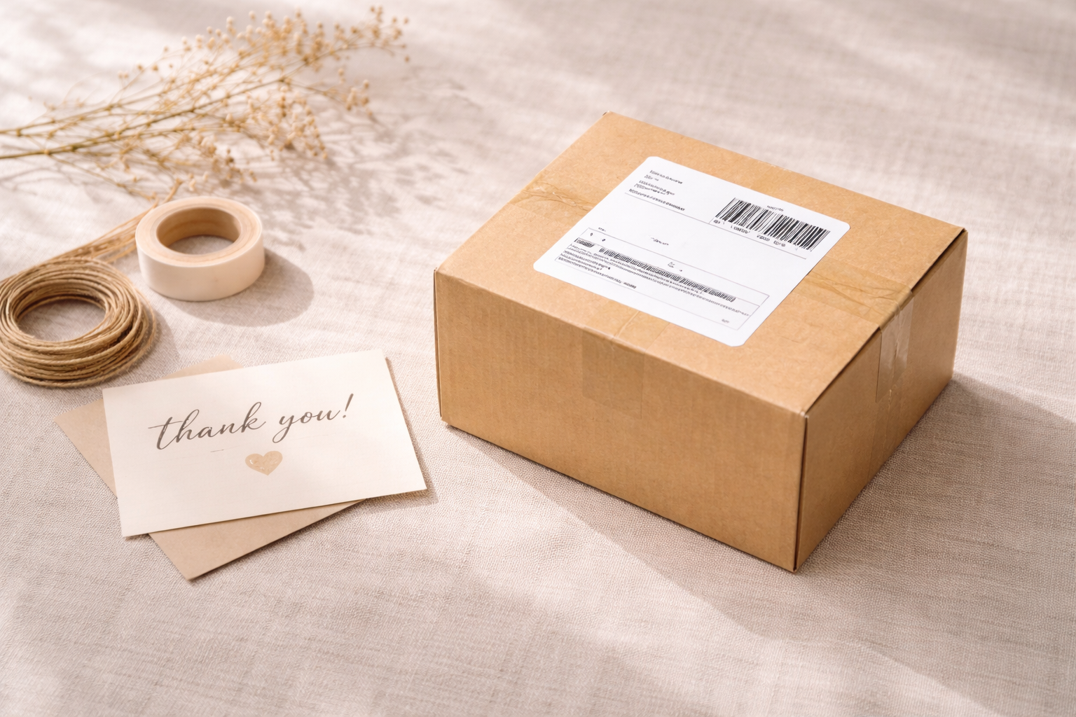 Thoughtful shipping — package, thank you card and supplies